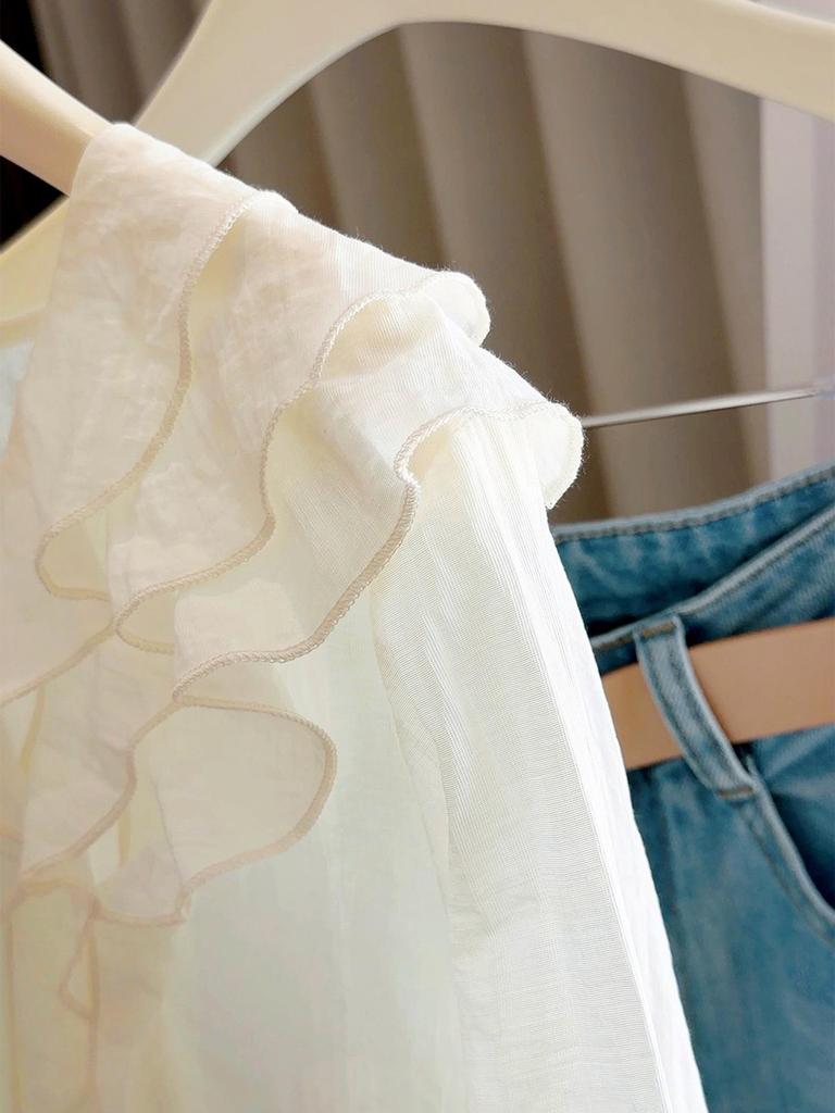 Spring Retro V-Neck Ruffle Lace-Up Women's Stylish Long-Sleeve Top - Versatile & Tummy-Concealing