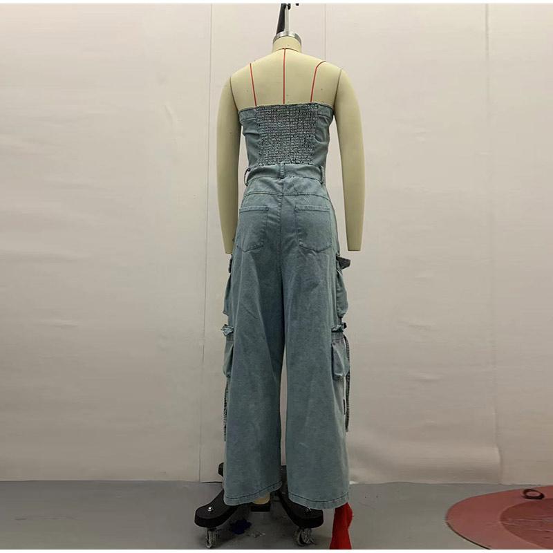 High Street Denim Jumpsuit Women Patchwork Strapless Single Breasted Pockets Wide Leg Jumpsuits 2025 Spring Summer Lady New Solid Color Jumpsuit