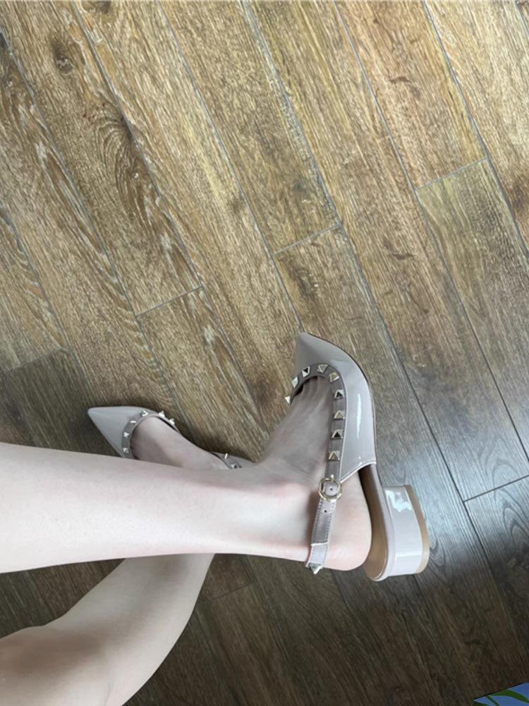 Women's Nude Pointed Toe Chunky Heel Rivet Flats - Patent Leather Closed Toe Sandals for 2025 Spring & Autumn
