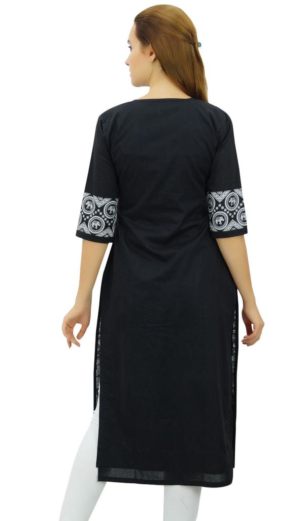 Phagun Women's Designer Straight Black Kurta 3 4 Sleeve Printed Casual