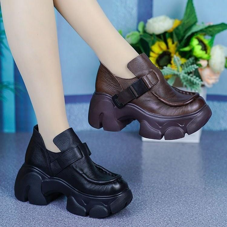 Soft Leather Single Shoes Women's 2025 Spring and Autumn New Small Height Increase Casual Leather Shoes Muffin Le Comfortable Thick-soled Deep-m