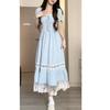 Summer new lace splicing square neck dress women's French design feeling waist and thin holiday style medium and long skirt