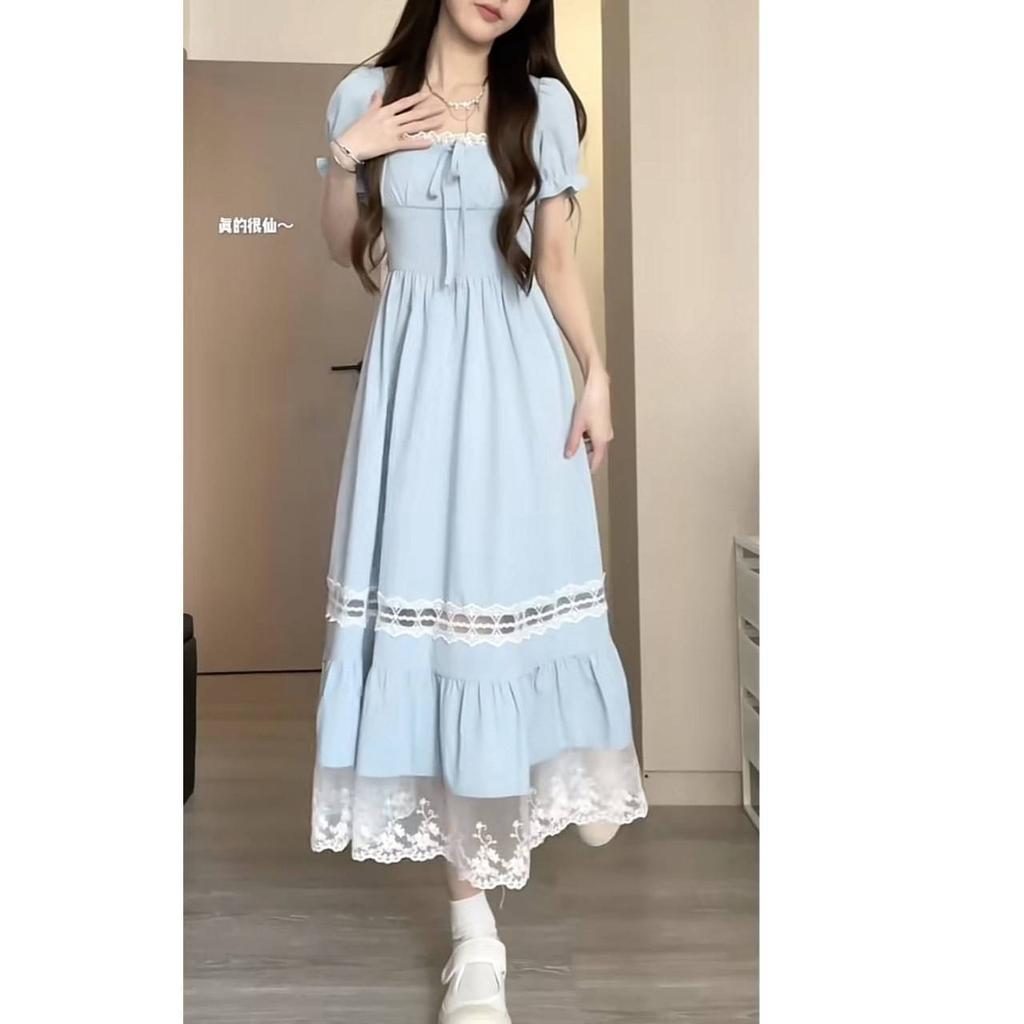 Summer new lace splicing square neck dress women's French design feeling waist and thin holiday style medium and long skirt