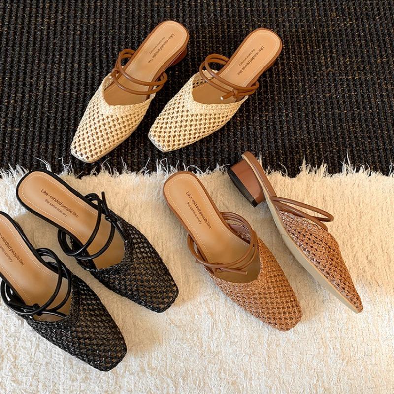 New Weave Women Mid Heels Slippers Summer 2025 Fashion Trend Chunky Pumps Pump Mesh Breathable Flip Flops Slides Women Slippers