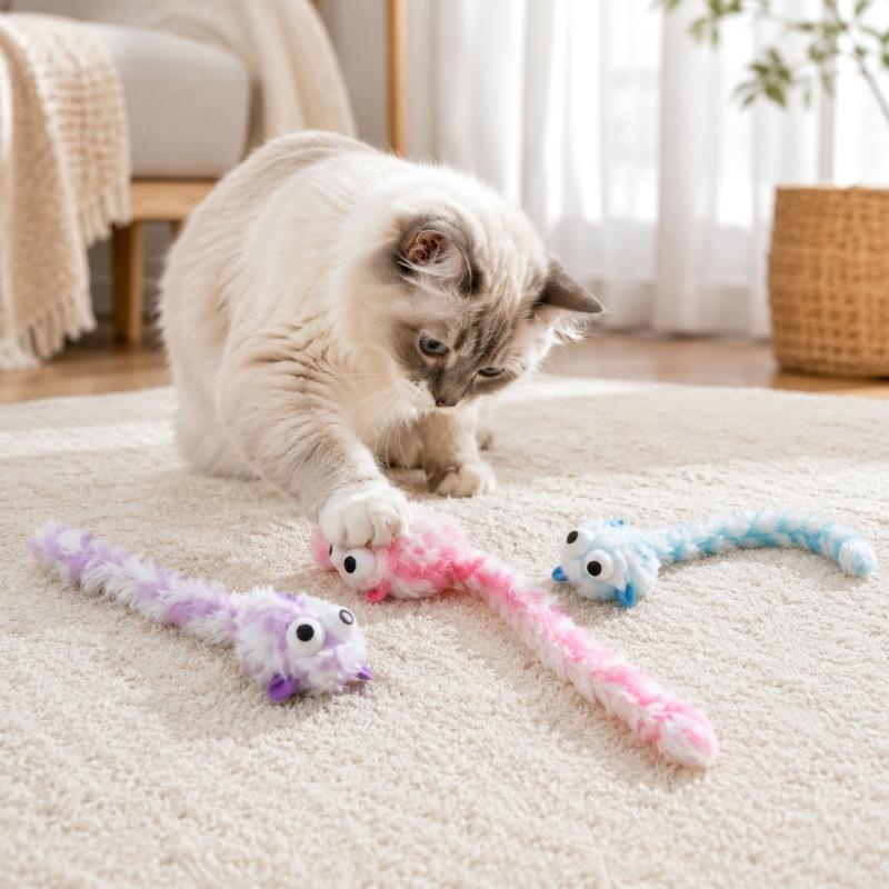 Long Tail Plush Cats Teaser Toy for Pet Cats, 3Pcs Cats Mouse Indoor Play Toy for Chasing, Swatting, Daily Interaction Fun, Home Enrichment
