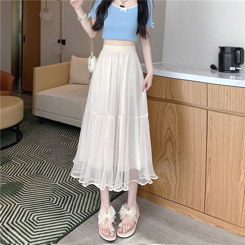 

Юбка-миди из сетки для женщин на весну и лето с высокой талией, утягивающая, средней и длинной длины, плиссированная юбка, свободная и стильная газовая юбка XL