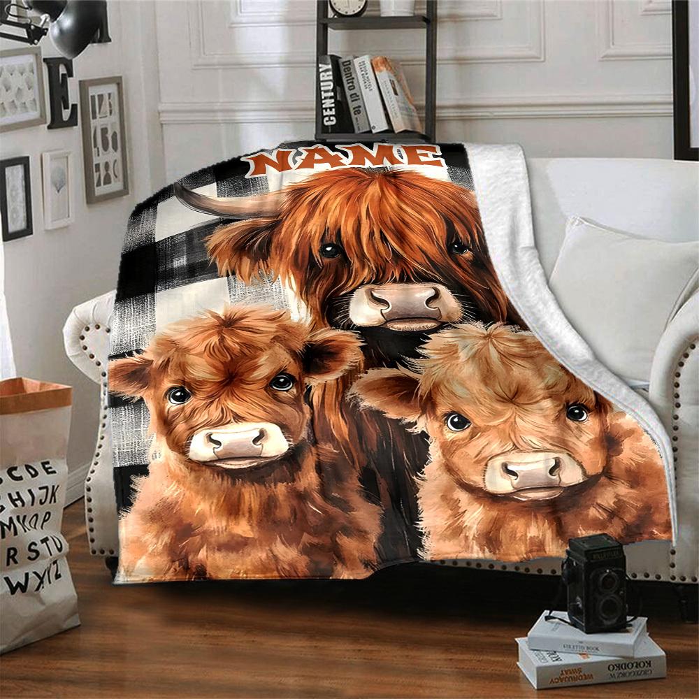 Highland Cow Family With Placeholder On Checkered Background Multipurpose Customizable Blanket Customize Your Name Durable Comfort Suitable For Sofa