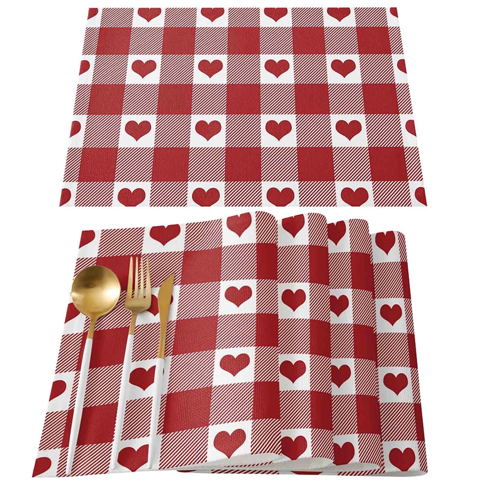

4Pcs Valentine s Day Placemats Set Of 4 For Dining Table Cotton Linen Heat Table Mats Washable Love Heart Red Check червоний