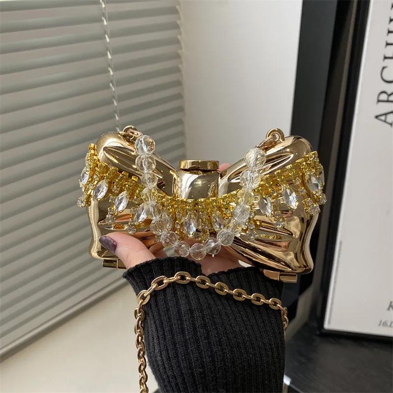 Metal Mini Bag Rhinestone Tassel Shoulder Bags Women's Chain Crossbody Chain Box Bags Gold Evening Bag