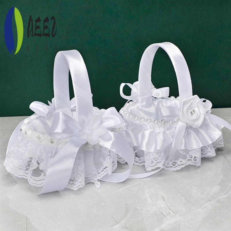 AEE2-2Pcs White Flower Girls Basket Wedding Basket For Flower Bride/Kids Hand Held Wedding Ceremony Party Decorations