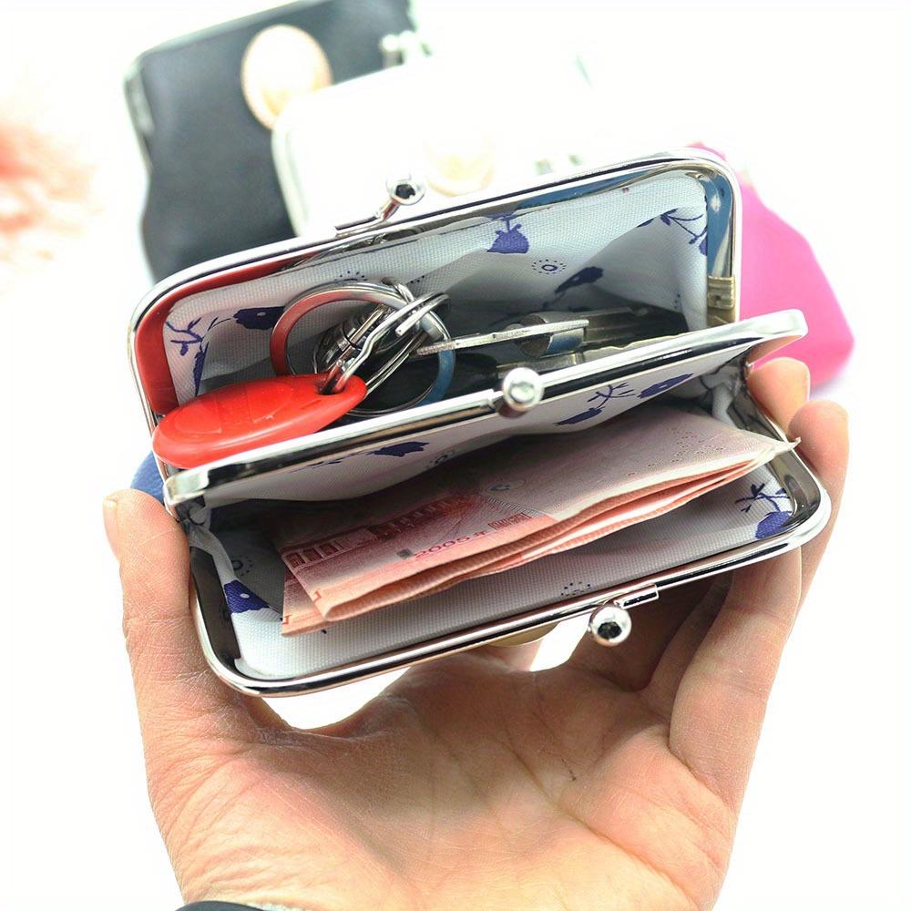 Cute Clip Lock Women's Coin Purse Retro Solid Color Bifold Kiss Lock Small Wallet Simple PU Leather Lipstick Portable Pocket Bag