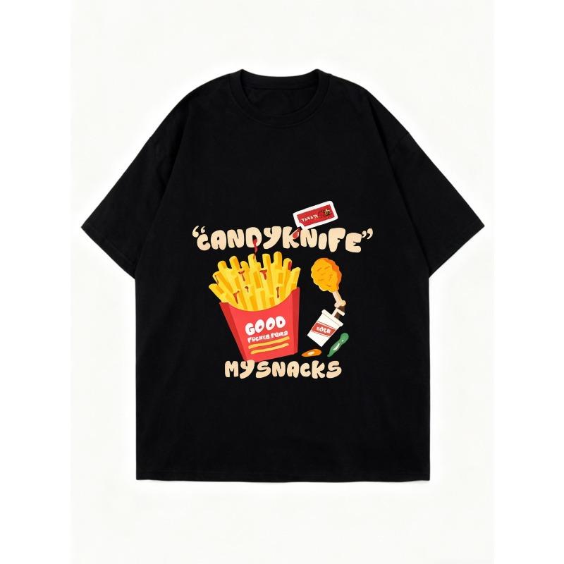 Koszulka Oversize Czarna Cukierkowy Nóż Frytki i Kurczak Nadruk Przekąski Casualowa Odzież Uliczna Dla Kobiet Moda Letnia