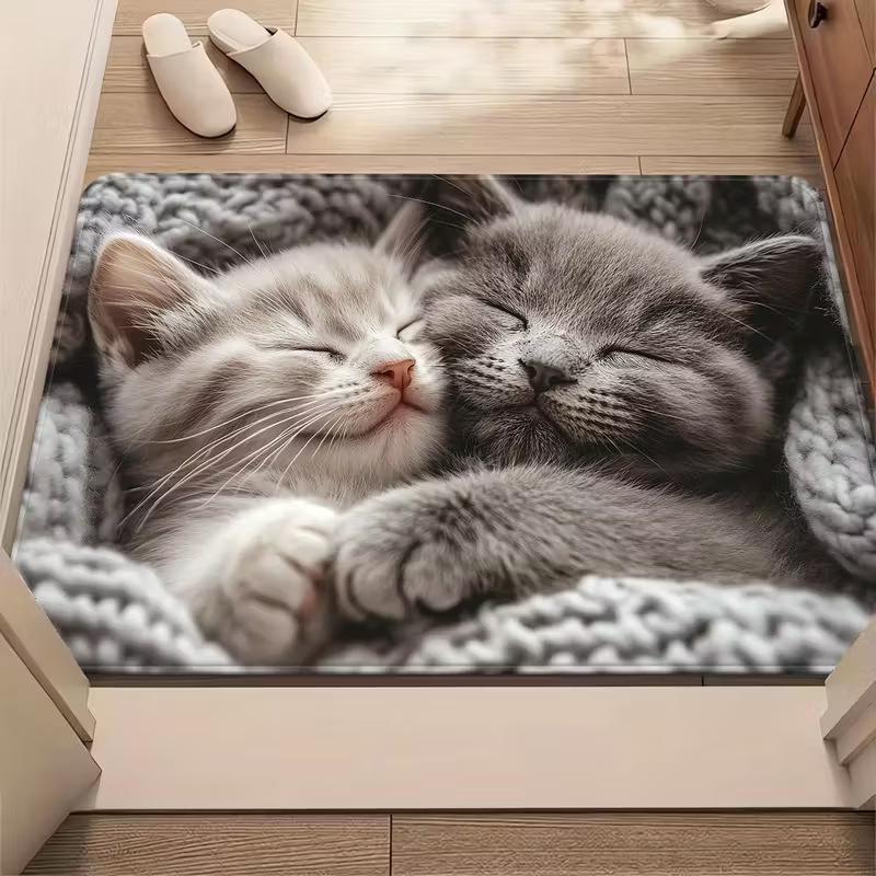 Cute Cat Couple Print Doormat Soft Non-Slip Floor Mat Lovely Kitten Home Decor Rug for Bedroom Welcome Carpet