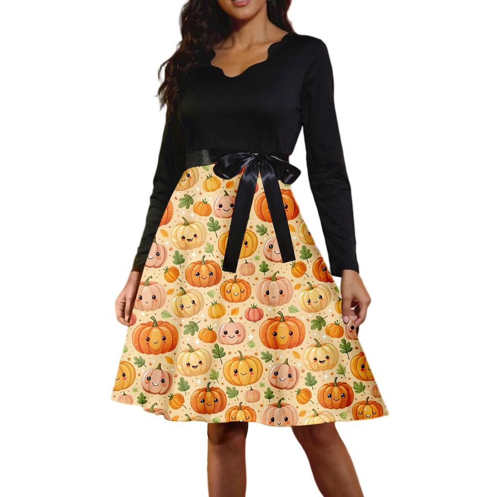 Women's Casual Fashion Long Sleeve  Halloween Graphic Printed Vintage Long Dresses