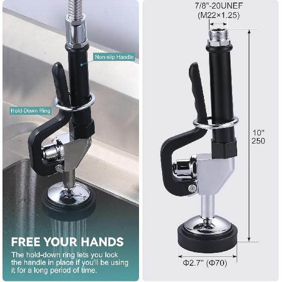 Pre Rinse Sprayer with Black 7/8"-20UNEF Handle Grip Assembly, 1.42 GPM High Pressure Pull Down Spray Head, Handheld Dish Sprayer Nozzle Replacement