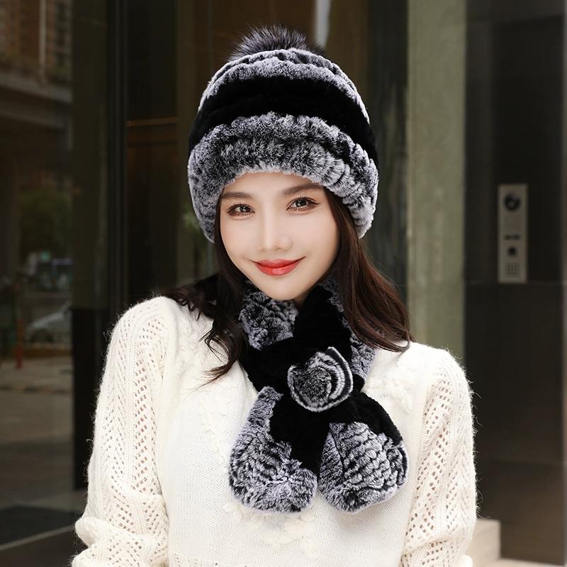 Fur Hat Female Autumn and Winter Rex Rabbit Hair Warm Ear Protection Scarf Two-piece Set Middle-aged and Elderly Grandma Casual Mother Hat