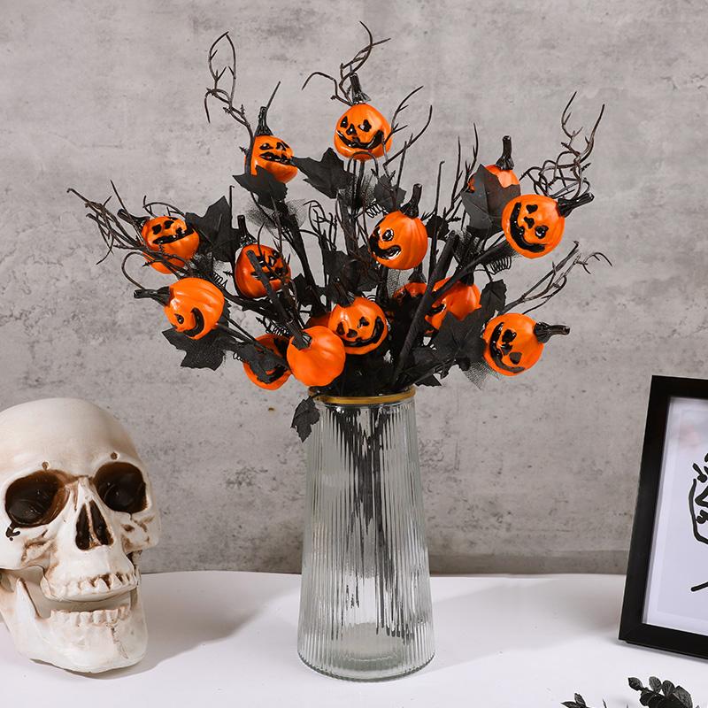 1PcHalloween Branches Artificial Pumpkin Maple Leaf Stem Flowers Halloween Party Decoration For Home DIY Vase Photo Props