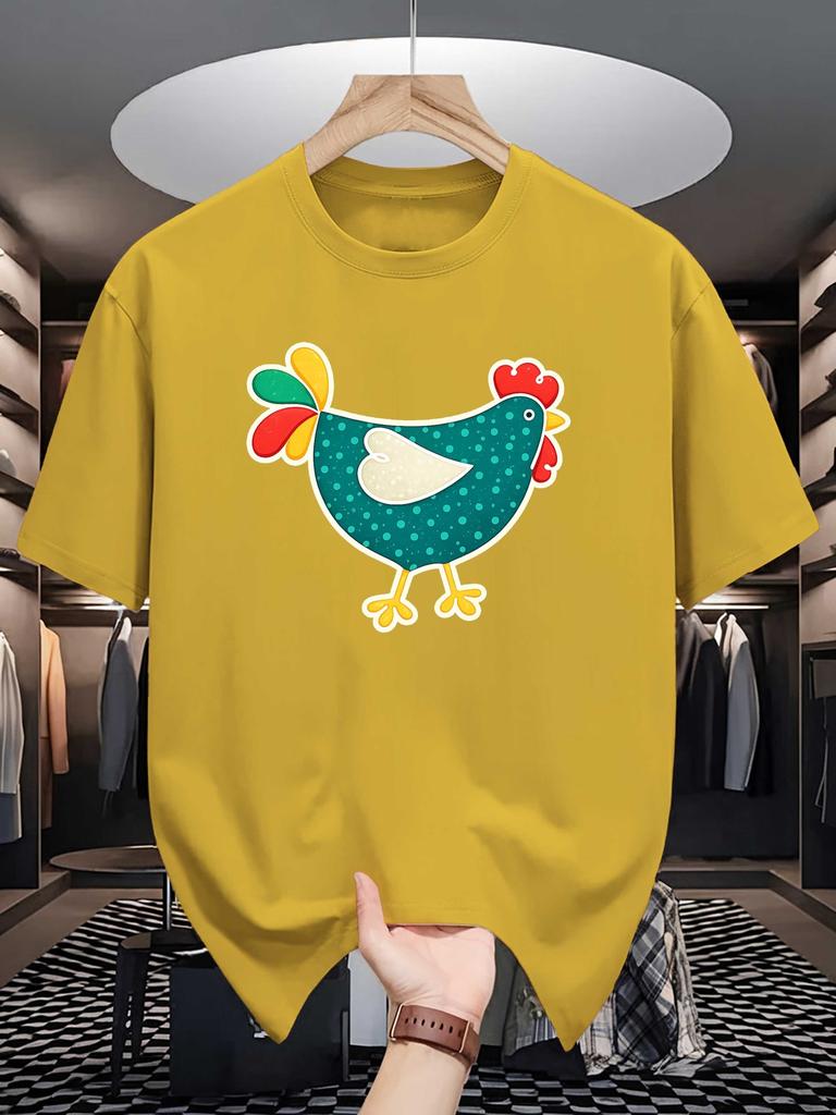 Unisex Cotton Tee Lovely Folk Colorful Hen Cartoon Graphic Print Loose Breathable Summer Crew Neck Casual Daily Tee Shirt For Unisex