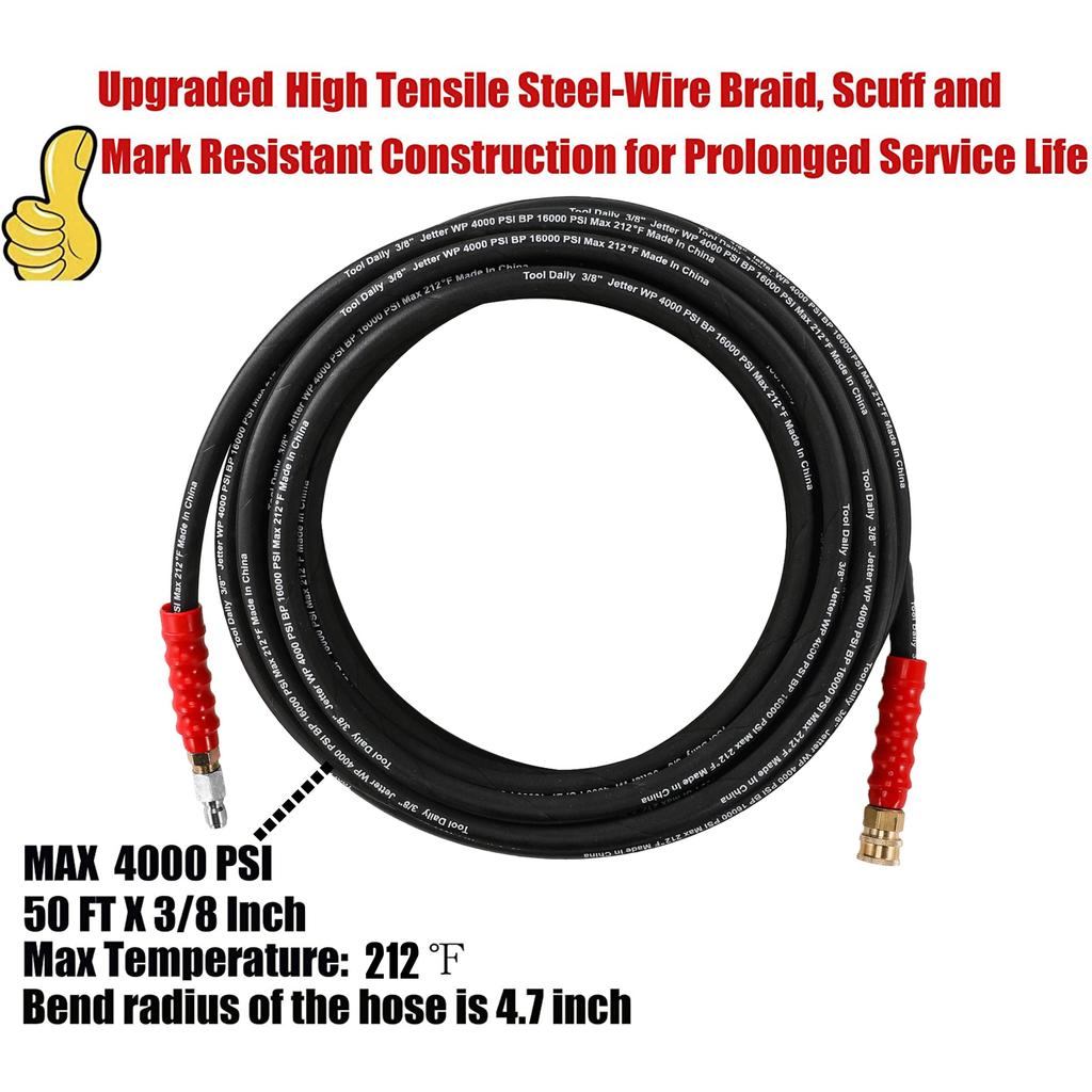 Tool Daily Pressure Washing Hose Inch x 50 FT cm x Quick Connect 4000 PSI Braided High Tensile Wire 3/8 (0.95 1.27 m)