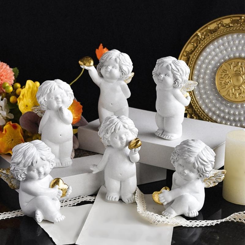 Romance Baby Little Angelic with Heart Desktop Figurine Resins Cherub Statue Sculpture Ornament for Valentines Gifting
