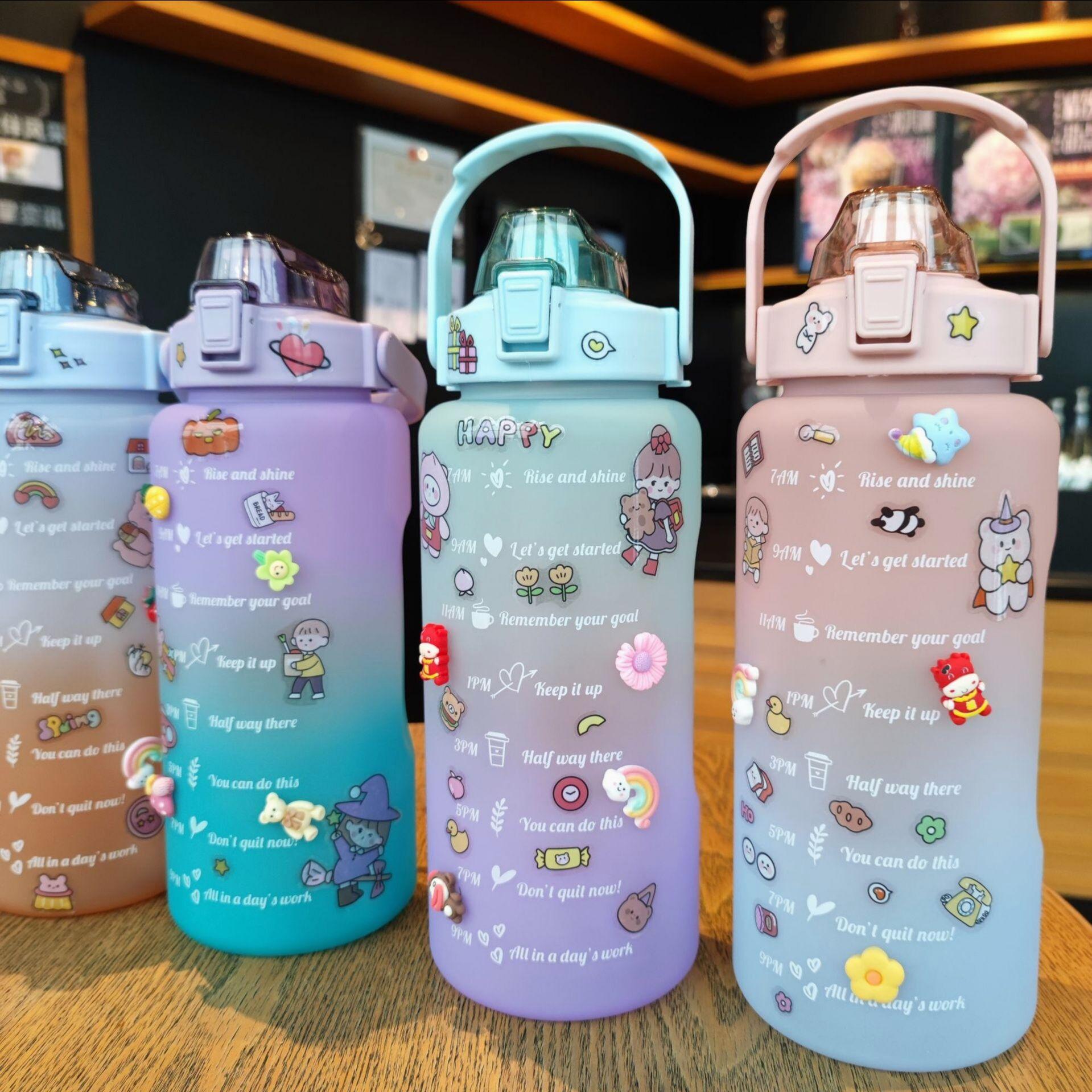 

Спортивная бутылка для воды Kawaii большой емкости 2л с соломой, летние портативные милые бутылки для воды с маркером времени, чашка для фитнес-велосипеда, хит продаж
