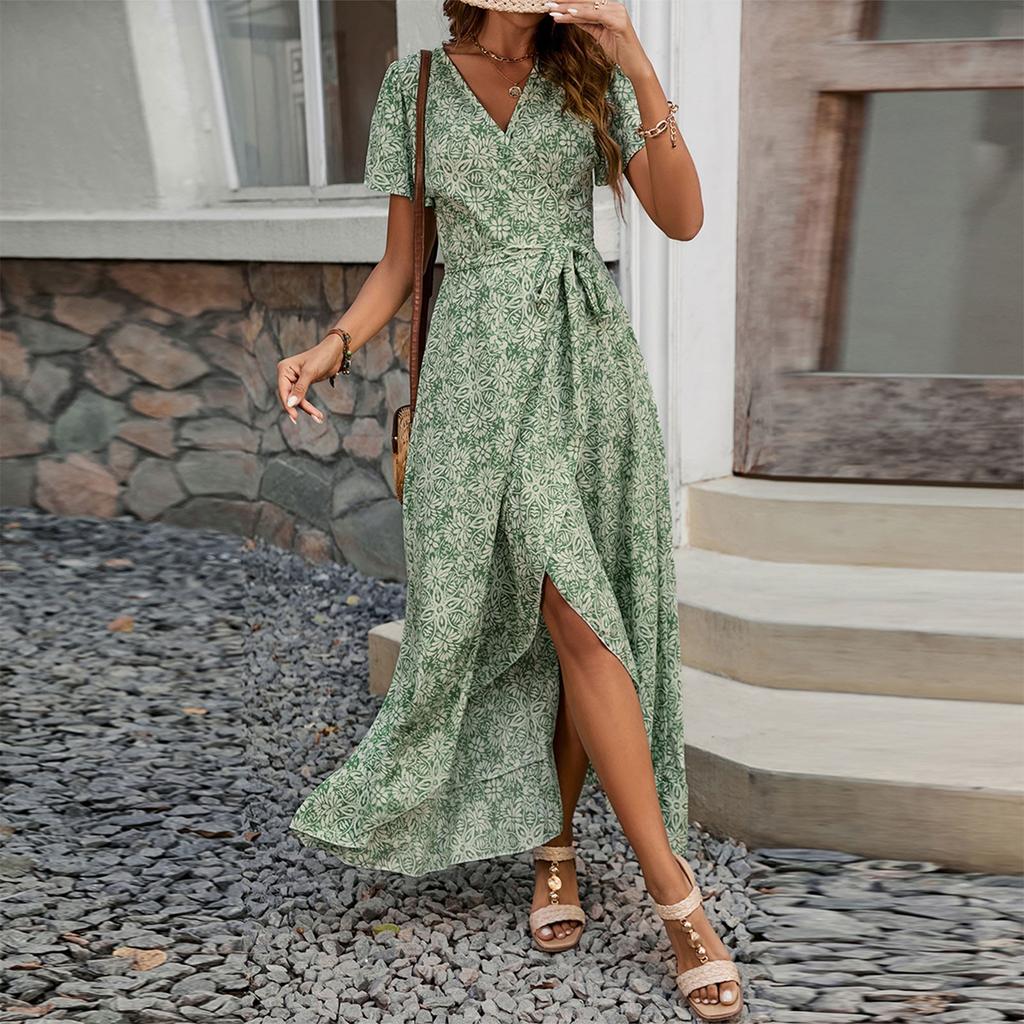 Women's Summer Floral High Waist Bohemian Dress Casual Hawaiian Flowing V Neck Holiday Dress
