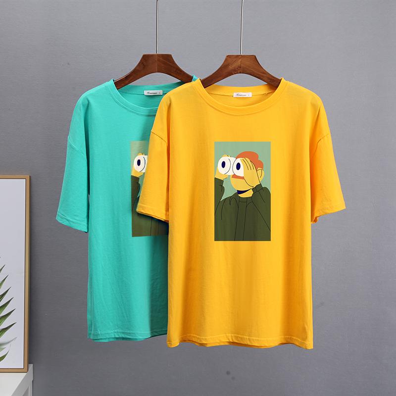 Hirsionsan Nya roliga tecknade T-shirts Kvinnor Kawaii Casual Oversized Tees Par Mjuk bomull O-hals Kvinnliga Grafiska Toppar