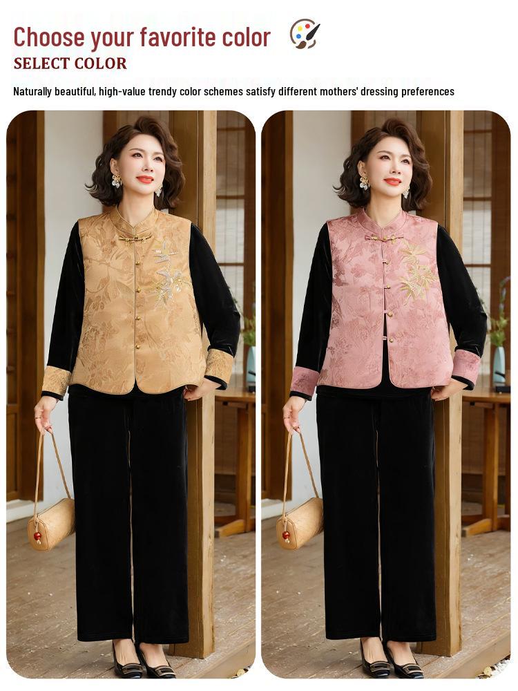 Spring/Autumn Gold Velvet Three-Piece Set: Chinese-Style Vest & Embroidered Top for Middle-Aged and Elderly Women.
