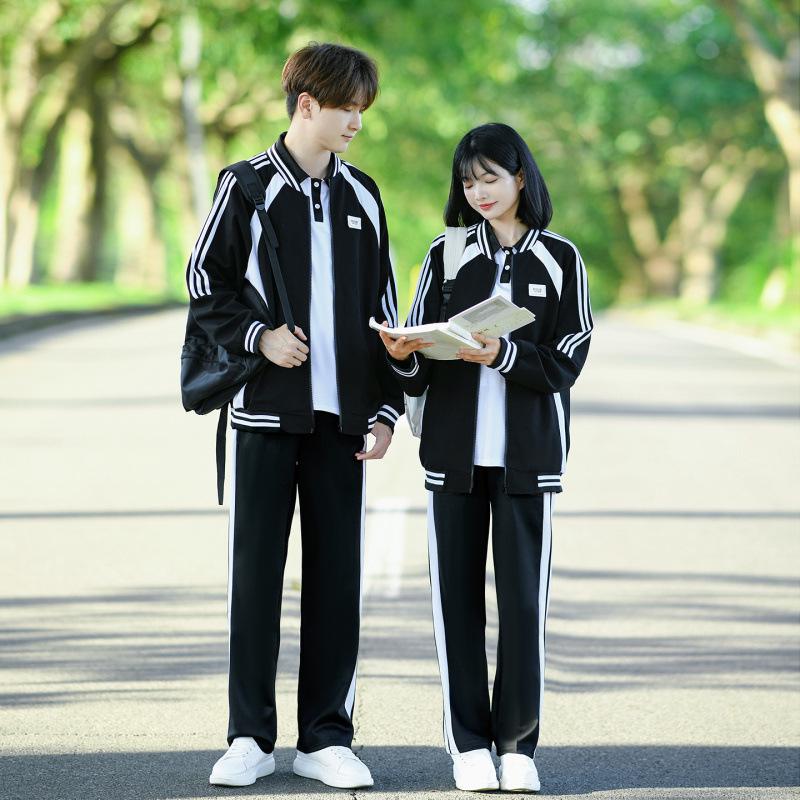 College Style Black Baseball Jacket Set for Students – 3-Piece Autumn Sports School Uniform