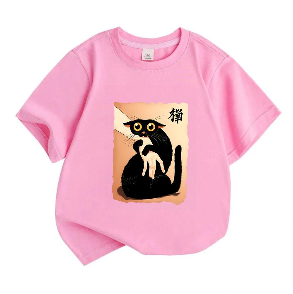 Kids Boys Girls 100% Cotton Crew Neck Short Sleeve T-Shirt, Cute Black Cat Holding Hand Cartoon Print Casual Soft Breathable Tees for Daily Wear