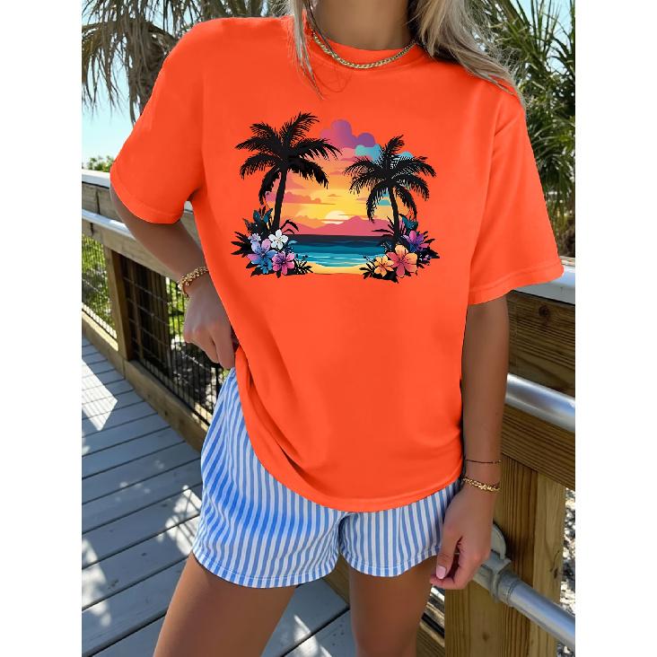 Elegant short-sleeved dress for women Tropical Sunset Beach Floral Palm Tree Print Crew Neck T Shirt Suitable for spring