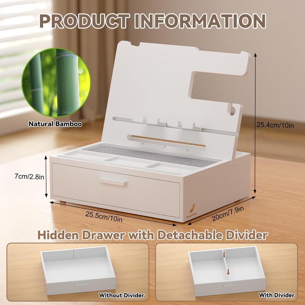 Pezin & Hulin Bamboo Desk Organizer with Smartphone Stand, Multifunctional Desk Storage Box with Drawer, Convenient Gadget Holder, Tablet Holder,
