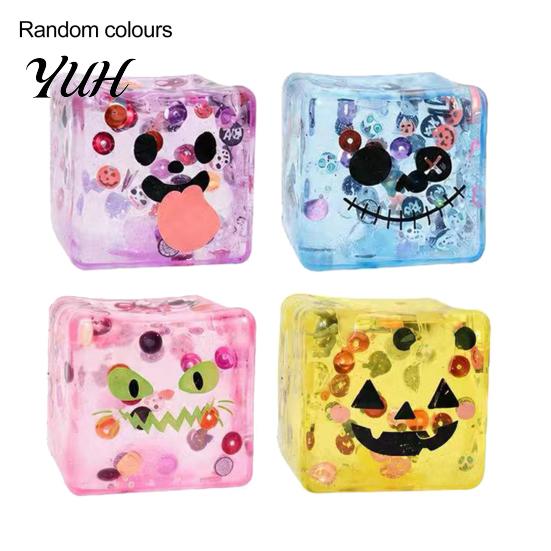 Cube Sensory Toys for Anxiety Relief Halloween Squeeze Toy with Glitter & Light Up, Maltose Fidget Soft Glutinous Kneadable Stress Relief, Slow