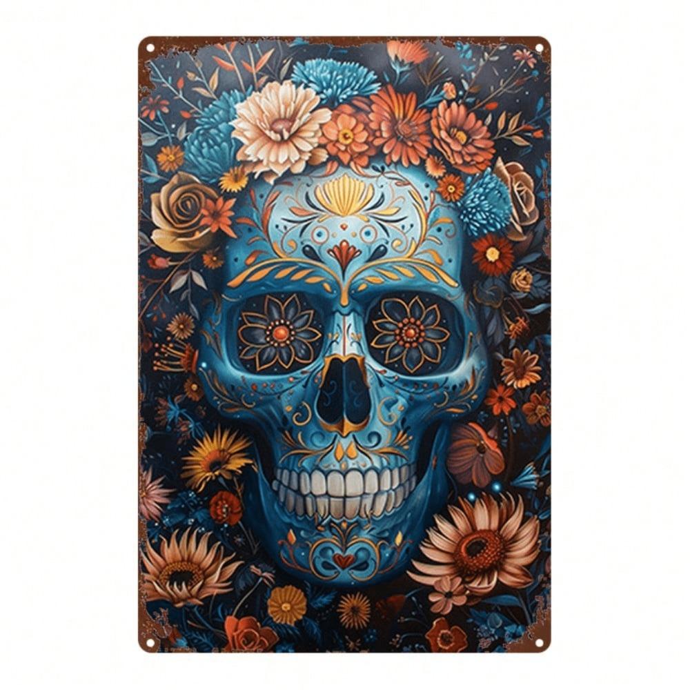 1pc Mexican Skull Metal Sign 8x12 Floral Iron Wall Art Durable Vintage Indoor Decor
