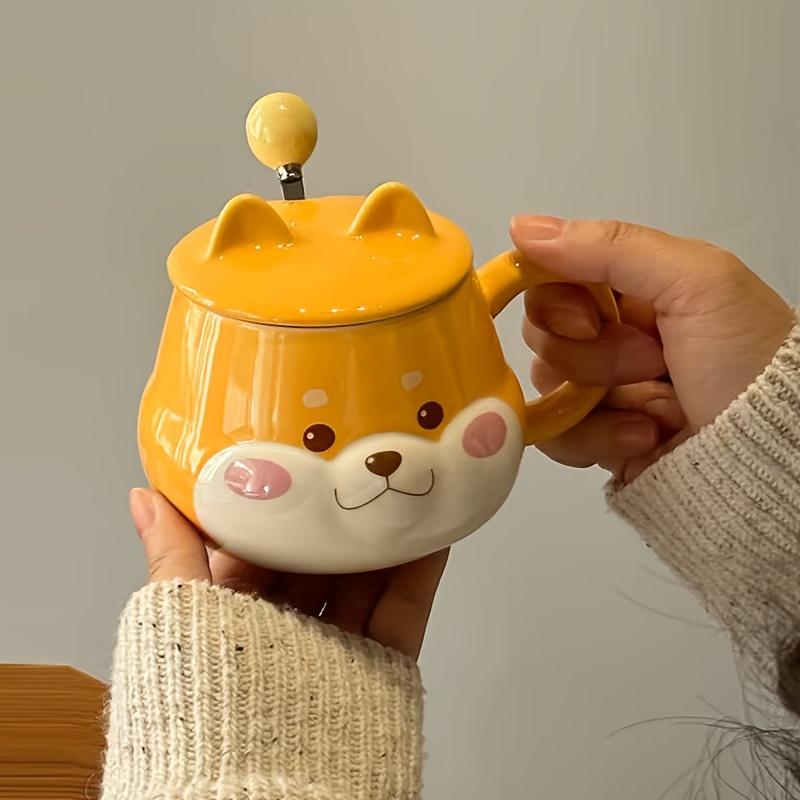 2pcs Cute Dog Design Ceramic Coffee Mug and Spoon Set ,Yellow with White Accents, Hand Wash Only, Reusable, Perfect for Birthdays and Everyday Use