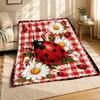 Ladybug Daisy Gingham Coral Fleece Blanket Cute Garden Decor