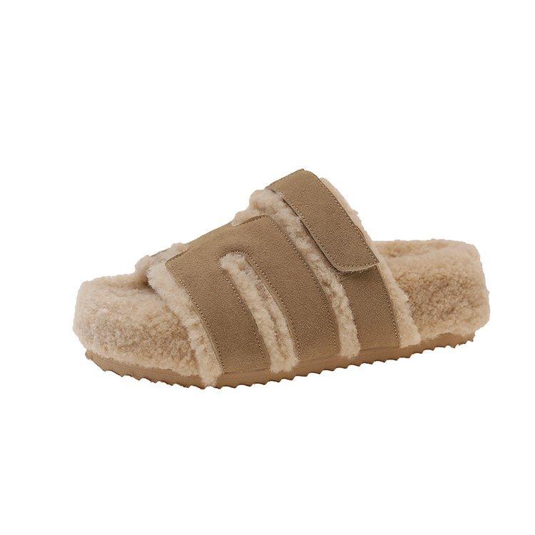 Deer and Girlfriend, Fluffy Slippers for Women's Wear 2025 New Autumn and Winter Leather Thick-soled Lamb Wool H Second Uncle Slippers