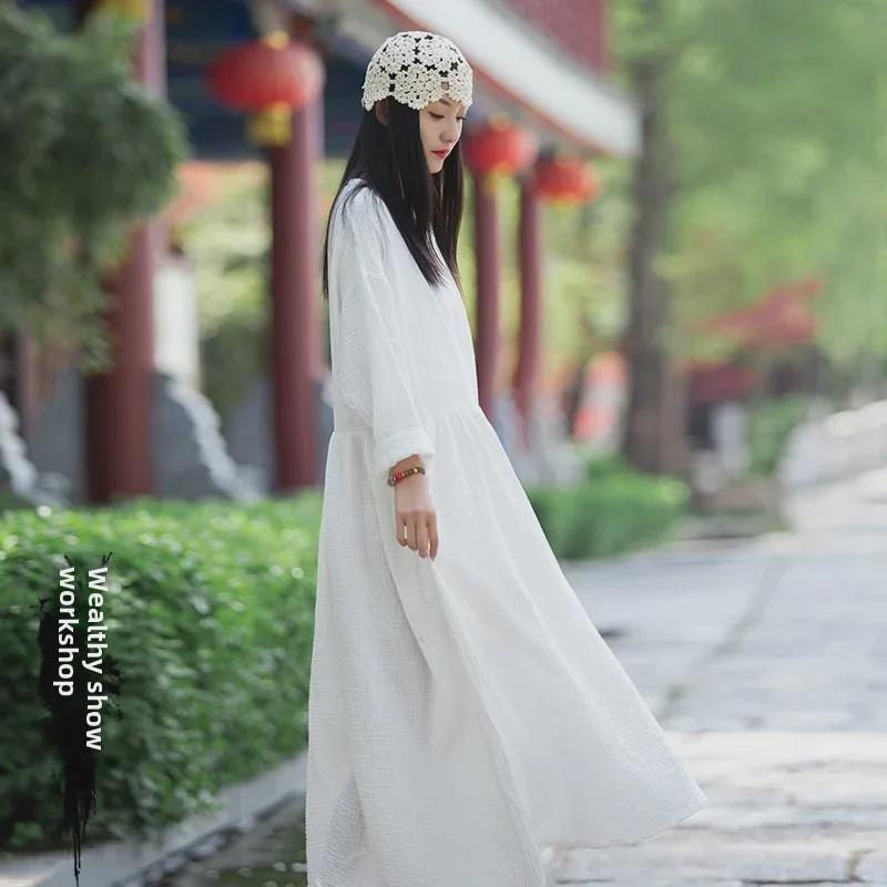 V-Neck Linen Double-Layer Swing Dress - Spring/Summer Retro Style