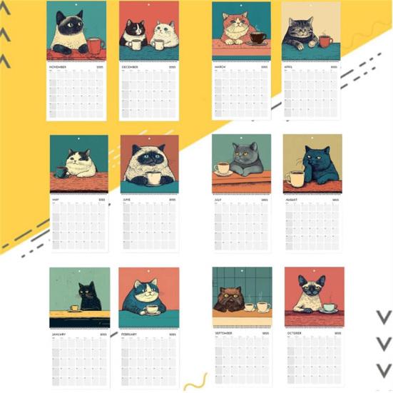 1/2Pcs 2025 Wall Calendar Cats Chillin' with Coffee Wall Calendar 12 Monthly Coffee Cats Calendar Family Office Organizer for Cat Lover Gift
