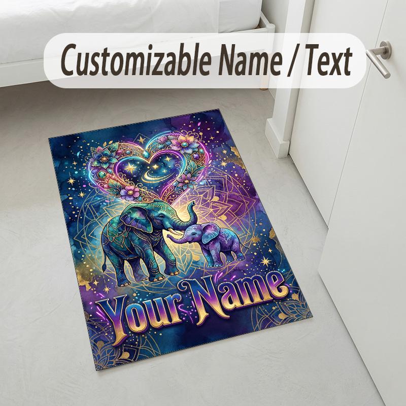 Elephant Theme Crystal Velvet Rug Personalized Custom Name Text Soft Floor Mat Home Decor