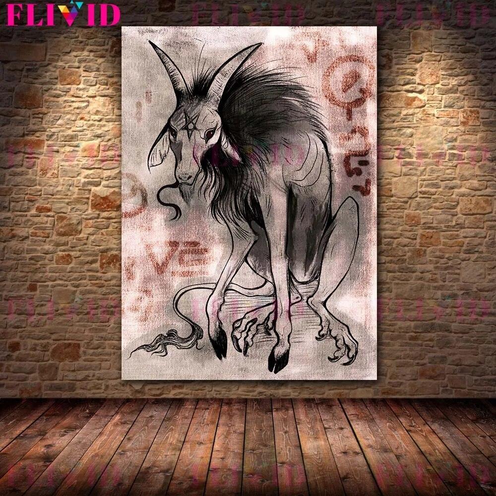 Bloodthirsty Lamb And Snake,Owl Vintage Terrible Animal Wall Art Canvas Painting Owl And Goat Man Abstract Poster Print Decor No Frame