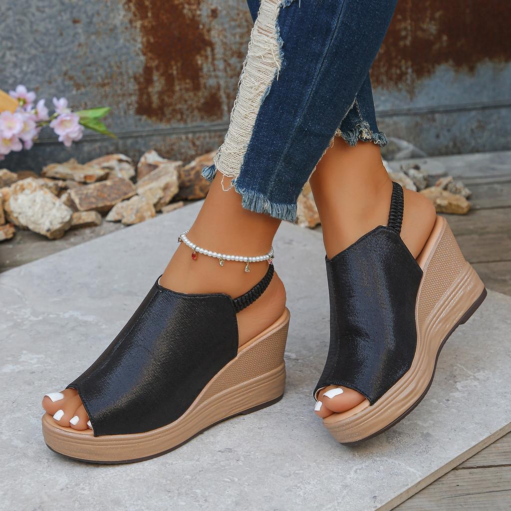 Roman Sandals For Women Summer Thick Sole Pu Fish Mouth Slip On With Elastic Band