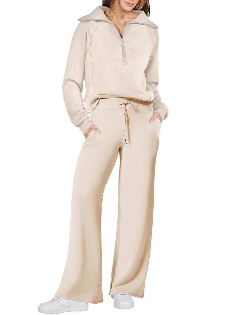 Women's Half Zip Lapel Long Sleeve Sweatshirt Wide Leg Pants Two Piece Tracksuit Solid Loose Casual Loungewear Set