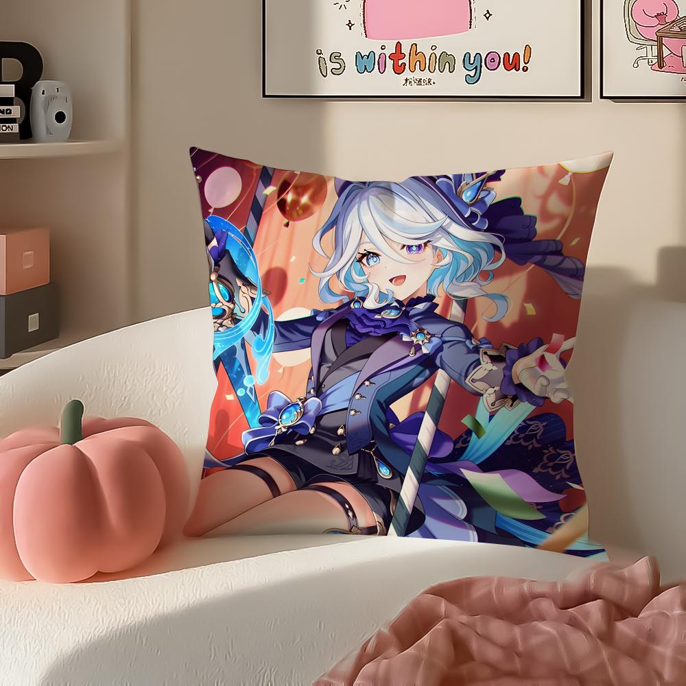 Game Genshin Furina Cushion Cover Pillowcase Short Plush Invisible Zipper Room Sofa Cushion Cover