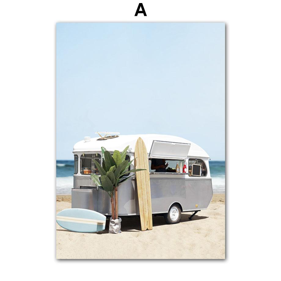 Blue Sea Beach Car Surfboard Tree Wall Art Canvas Painting Seascape Posters Prints Hotel Bar Wall Pictures For Living Room Decor