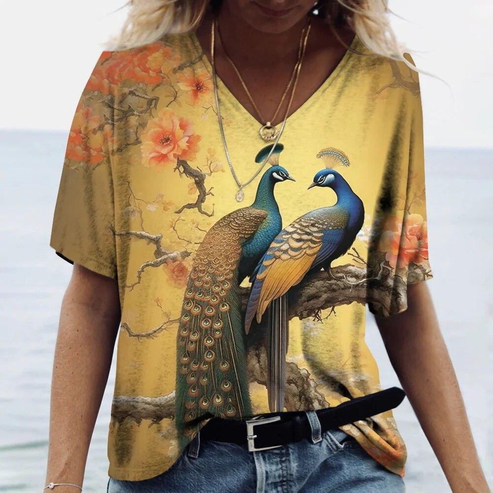 Women's V-Neck T-Shirt Peacock 3D Print Casual Fashion Summer Pullover Short Sleeve Harajuku Oversized Tops Tees For Ladies