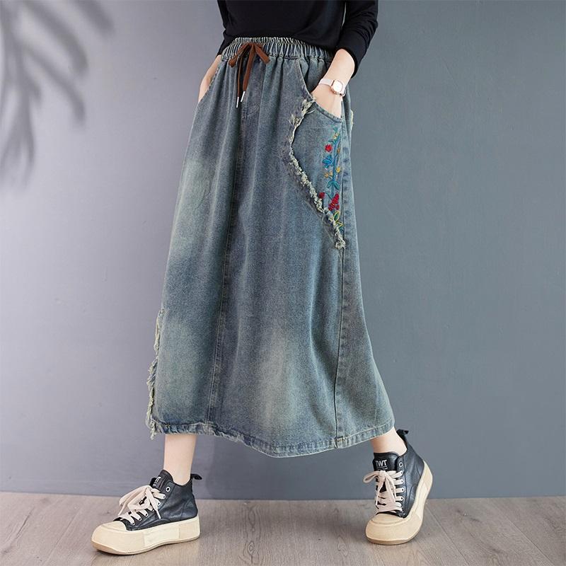 Denim Plus Size High Waist Vintage Embroidery Spring Autumn Casual Loose Long for Woman Skirts Womens Skirt
