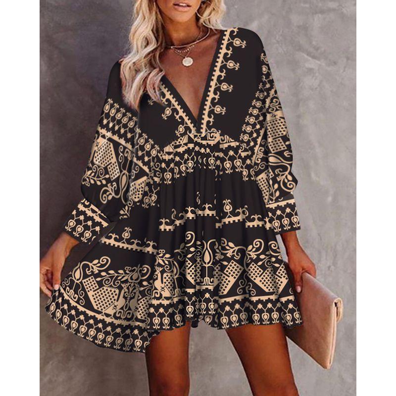

Long Sleeve V-neck Retro Printed Dress Long Sleeves V Neck Retro Print Dress black S