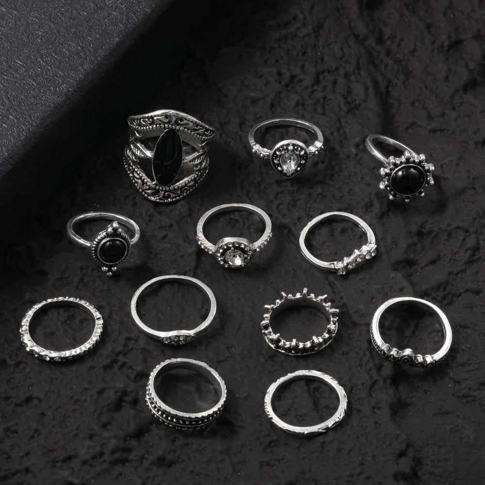 Ring, Retro And Old Point Diamond, Black Gemstone 12-Piece Set, Ring Alloy Jewelry.