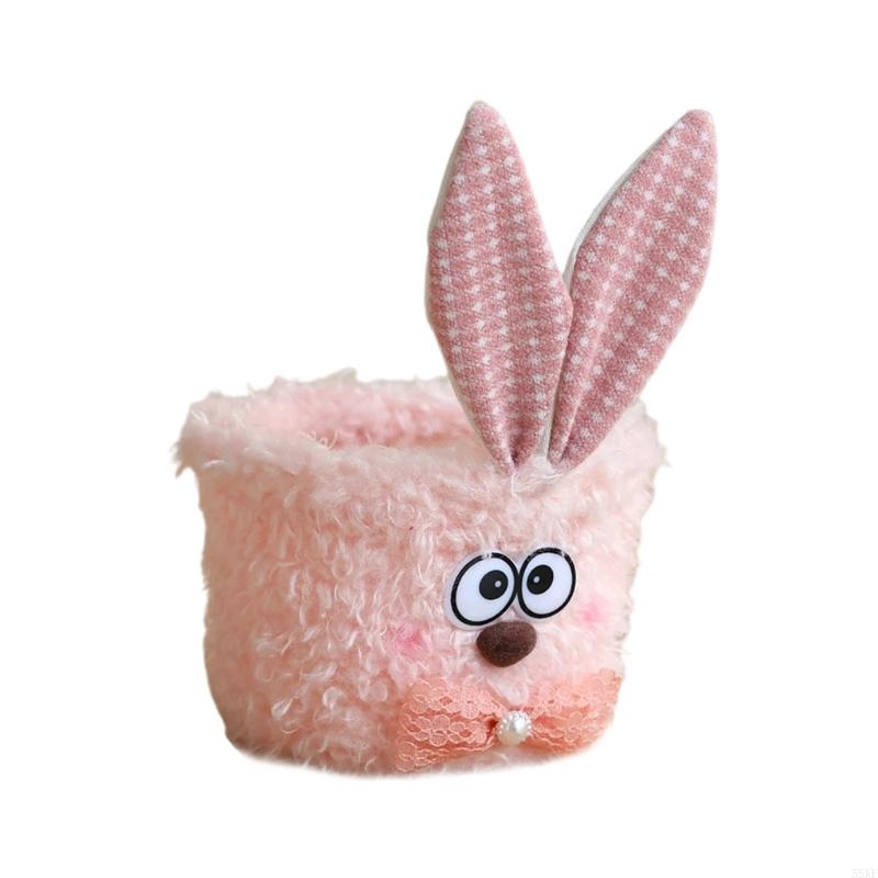 55KF Bunnies Easters Buckets with Long Plush Ear Easters Eggs Baskets Easters Party Decors Candy Bowl Easters Basket
